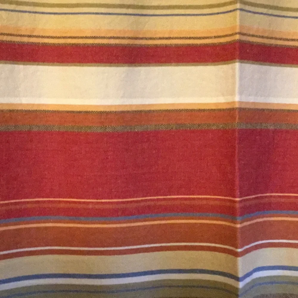 Striped Shower Curtain - Red, Tan, White, Kahki, and Blue/Gray Accents